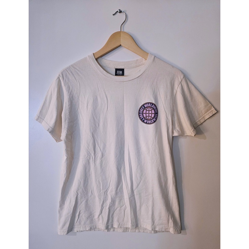 Obey Worldwide Mens Medium Cream Globe Circle Graphic Logo‎ Streetwear T-Shirt